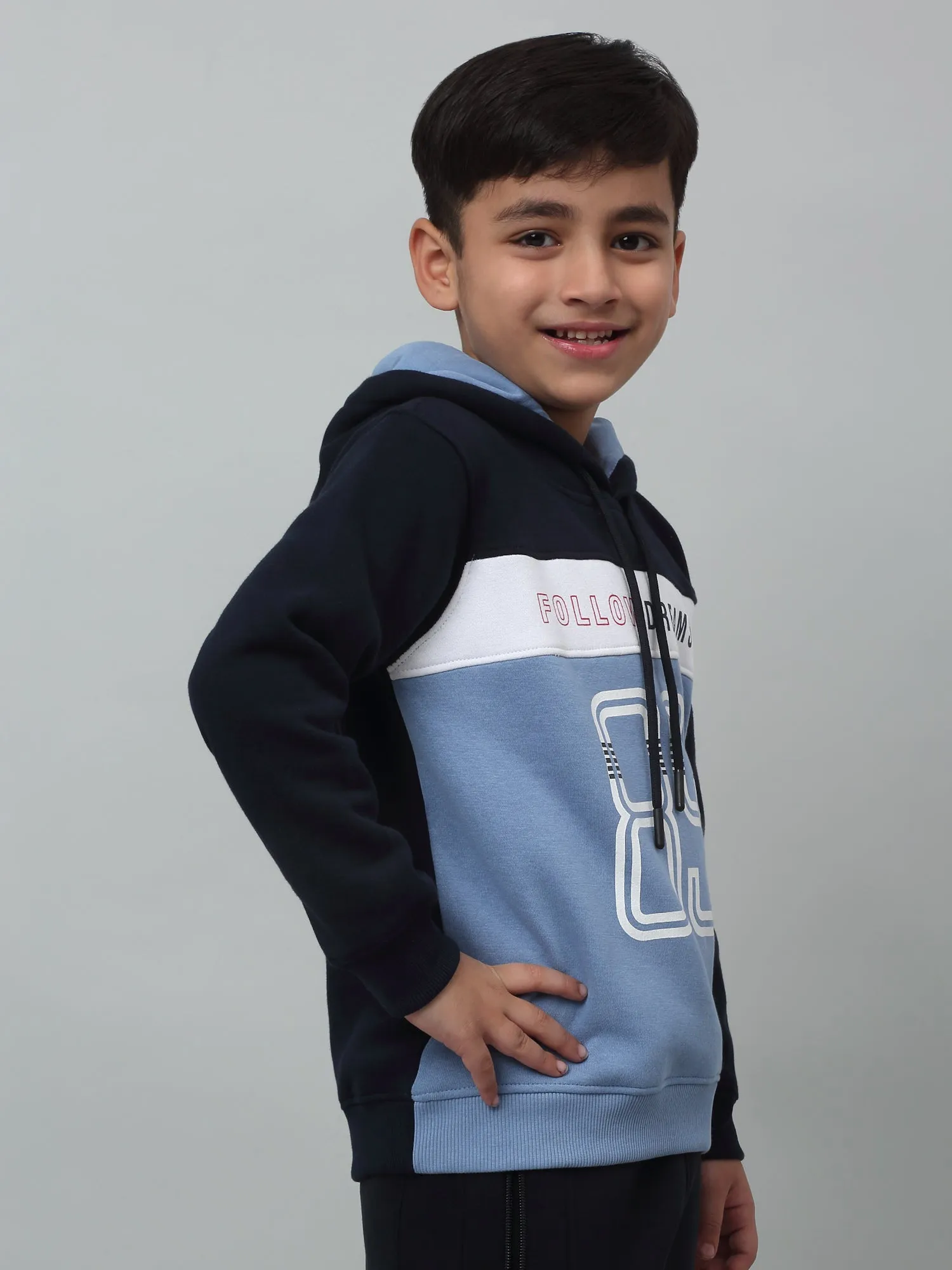 Cantabil Boys Sky Blue Colour Block Hooded Neck Sweatshirt For Winter