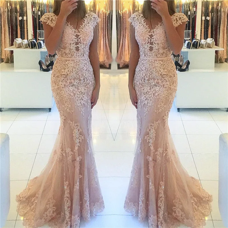 Cap Sleeve Mermaid Prom Dress with Appliques