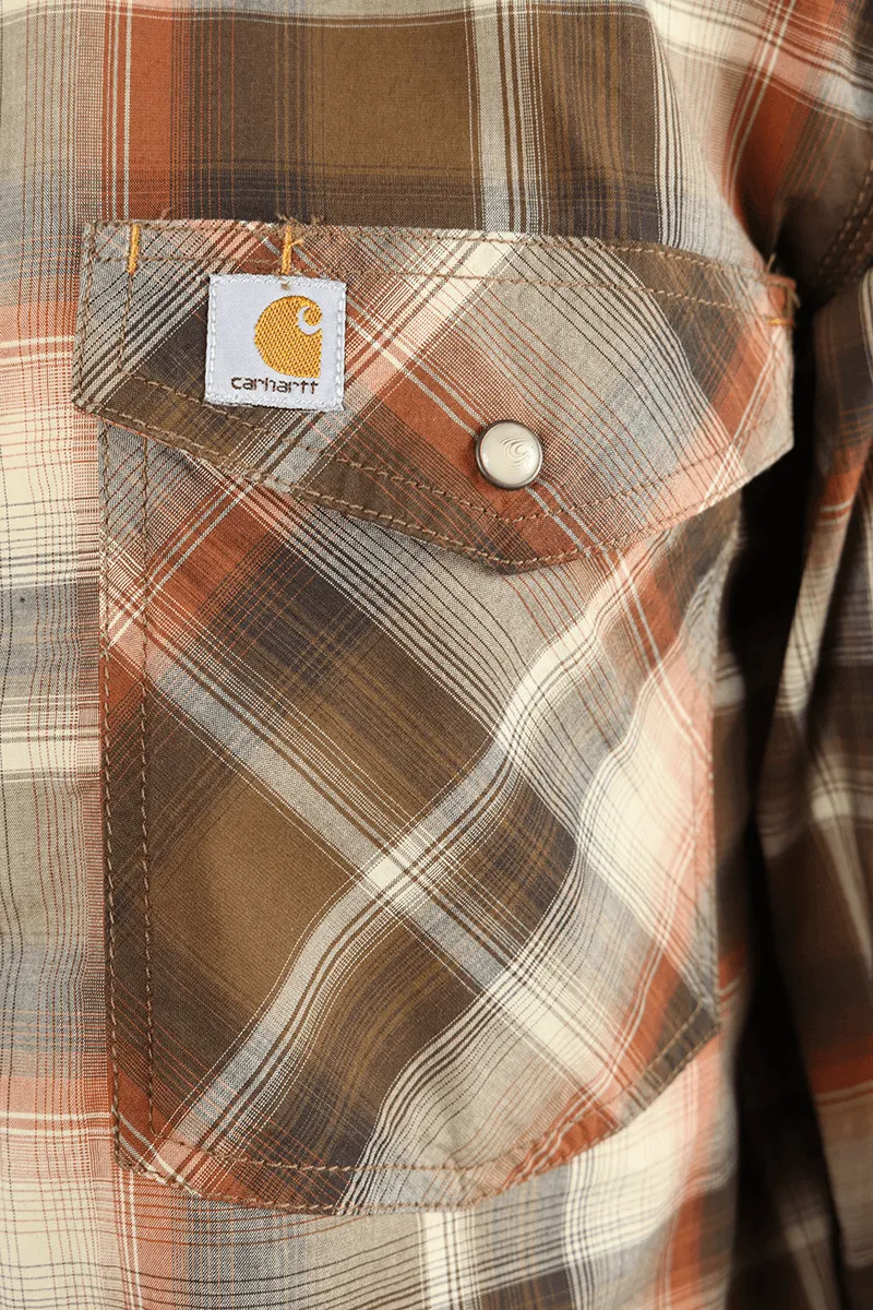 Carhartt Men's Brown Autumn Orange Cream Plaid Snap Front L/S Woven Shirt (S04)