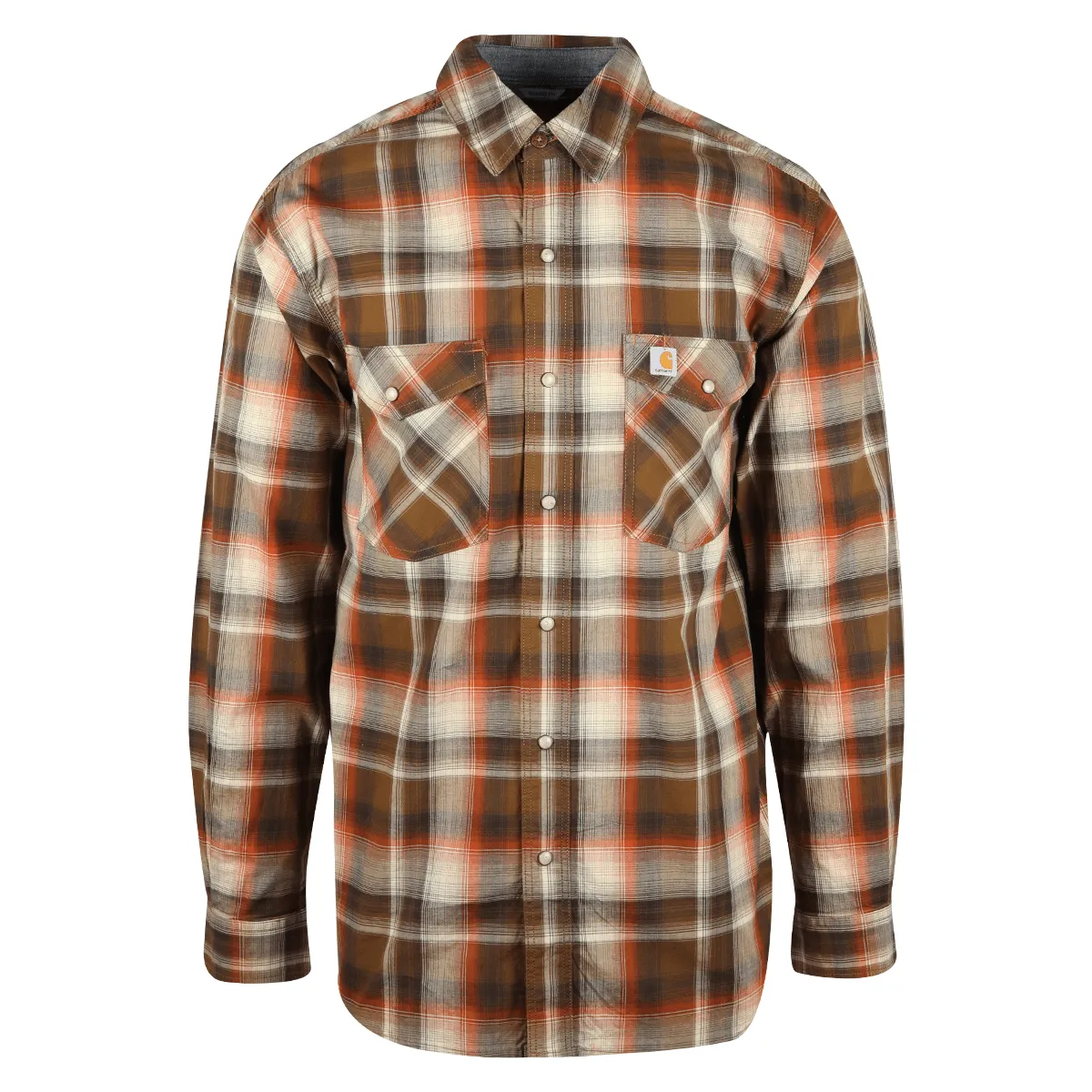 Carhartt Men's Brown Autumn Orange Cream Plaid Snap Front L/S Woven Shirt (S04)