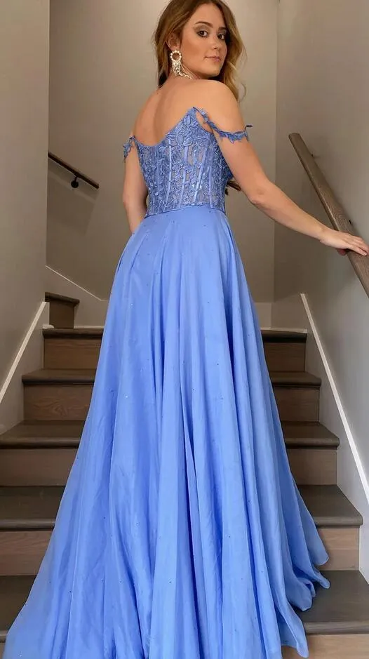 Chiffon A-line Long Prom Dress with Leaf Lace Top PC1338