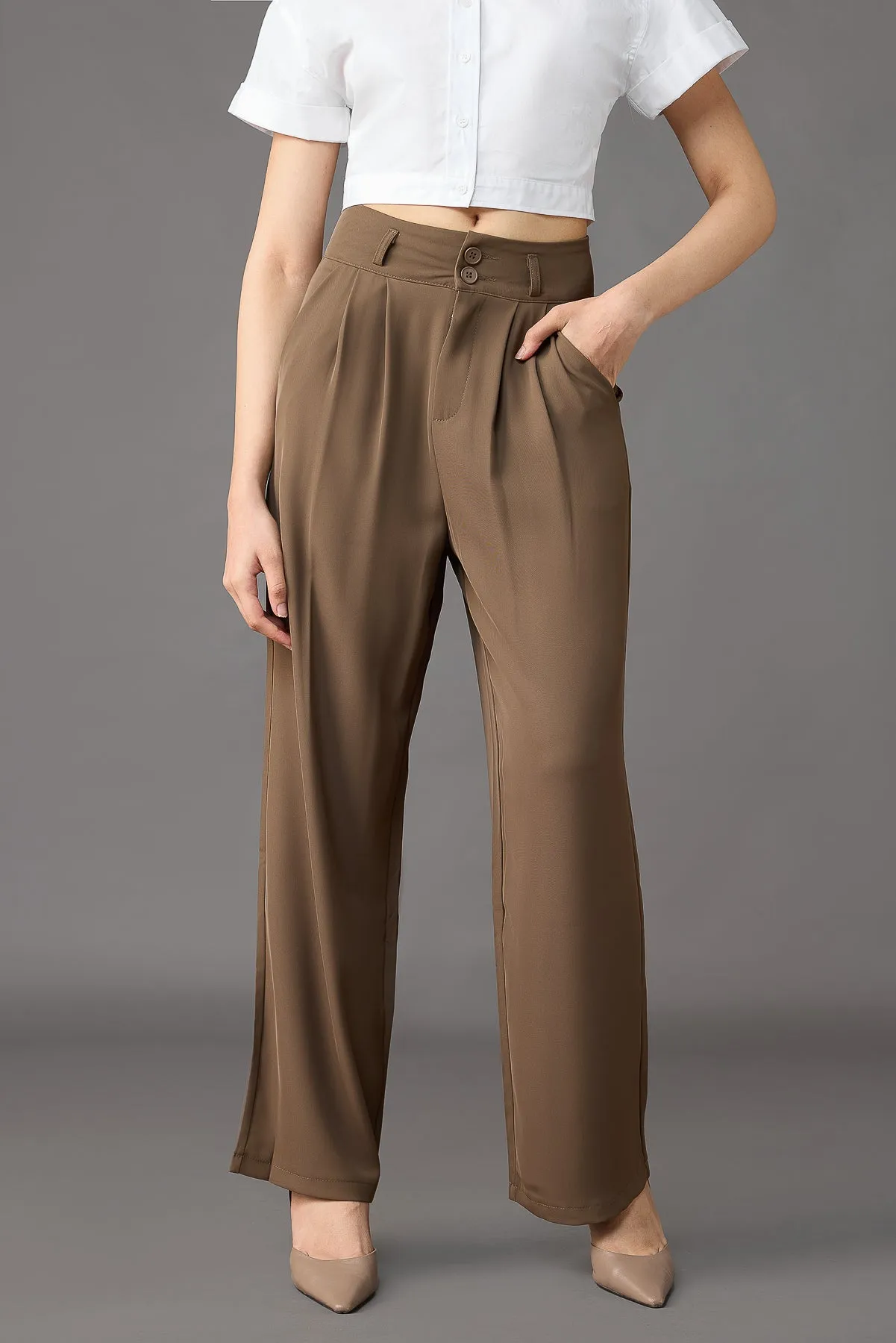 Classic Pleated Wide Leg Korean Pants - Olive Brown