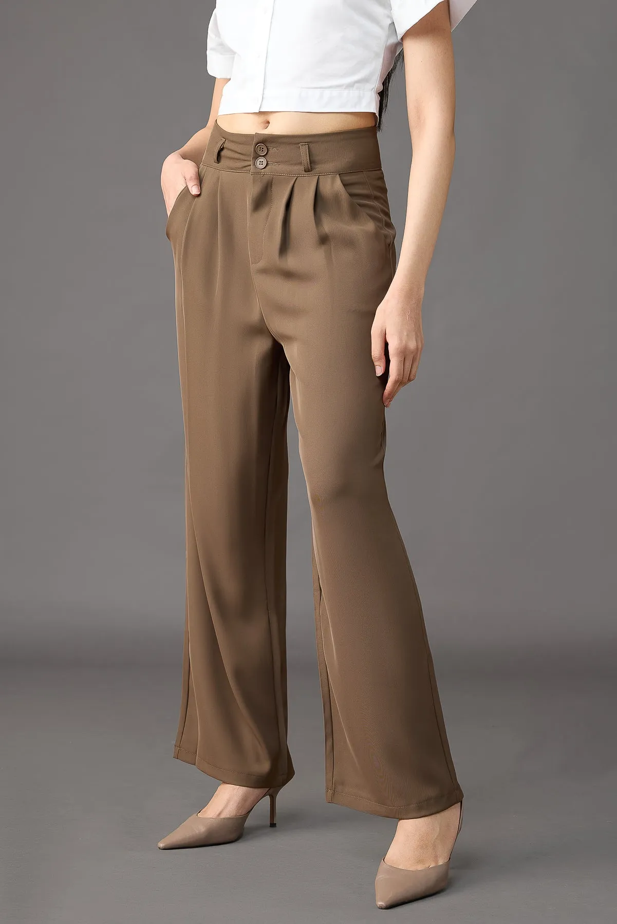 Classic Pleated Wide Leg Korean Pants - Olive Brown