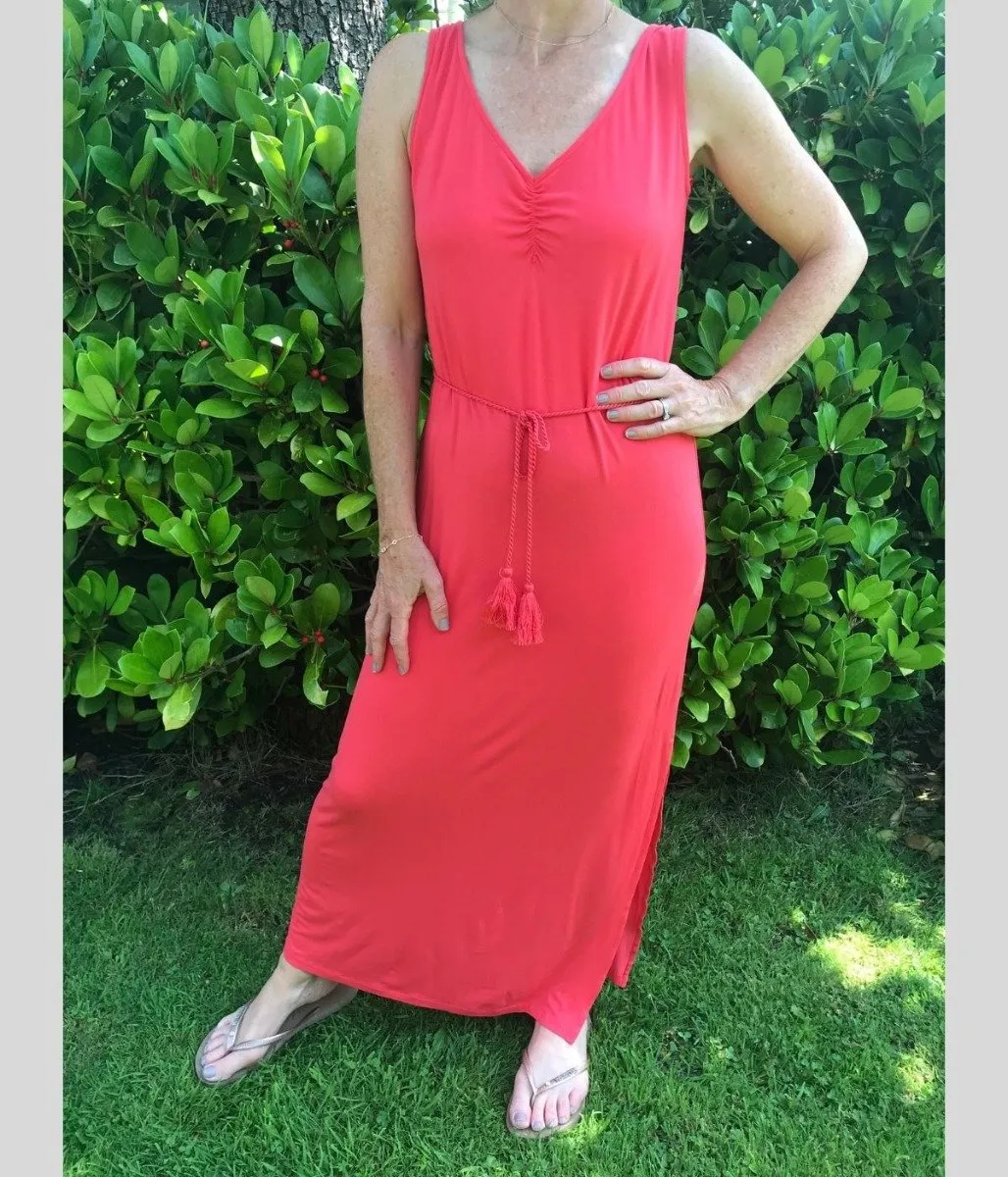 Coral Jersey Ruched Front Maxi Dress