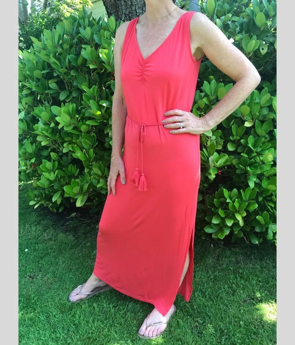 Coral Jersey Ruched Front Maxi Dress