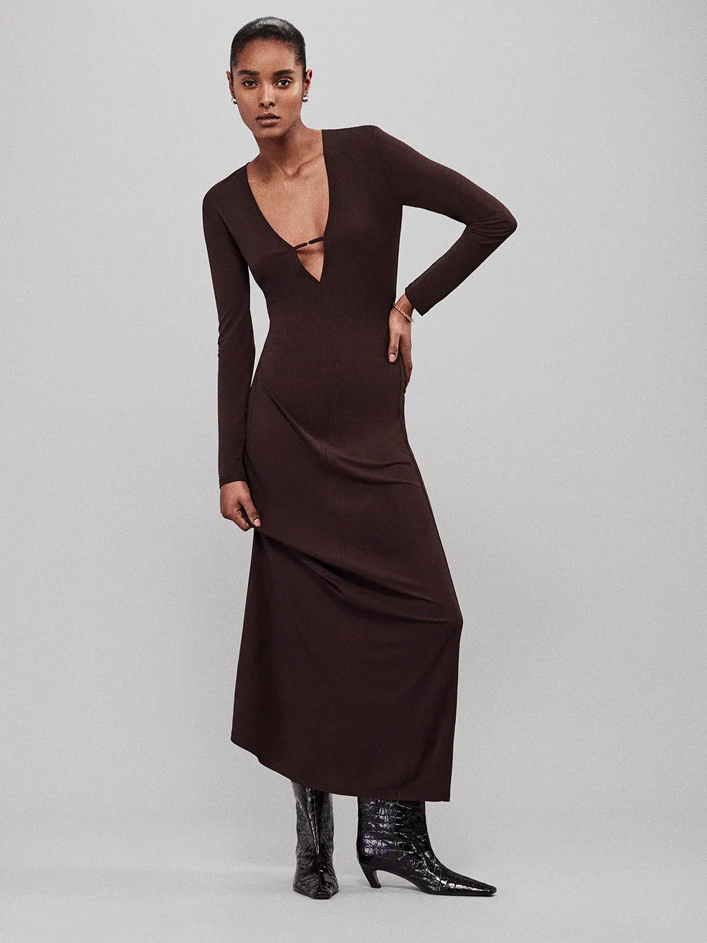 Deep V Jersey Dress -- Chocolate Brown