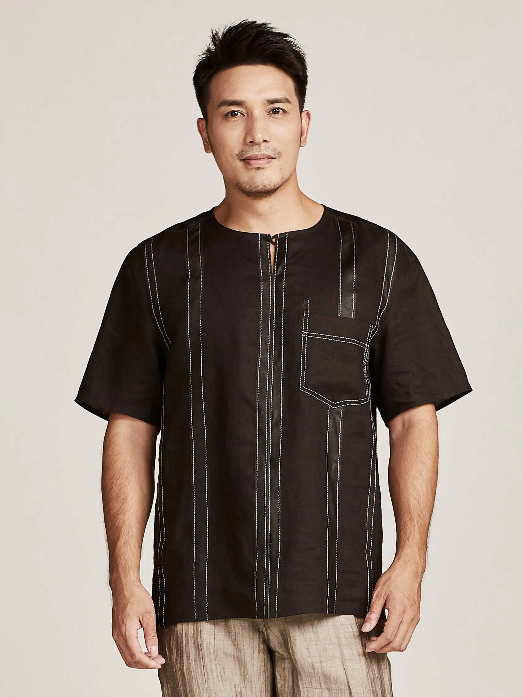 Gambiered Guangdong Silk Short-sleeved Shirt