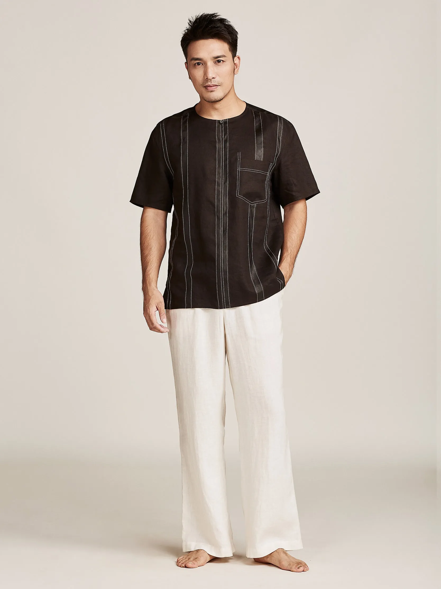 Gambiered Guangdong Silk Short-sleeved Shirt