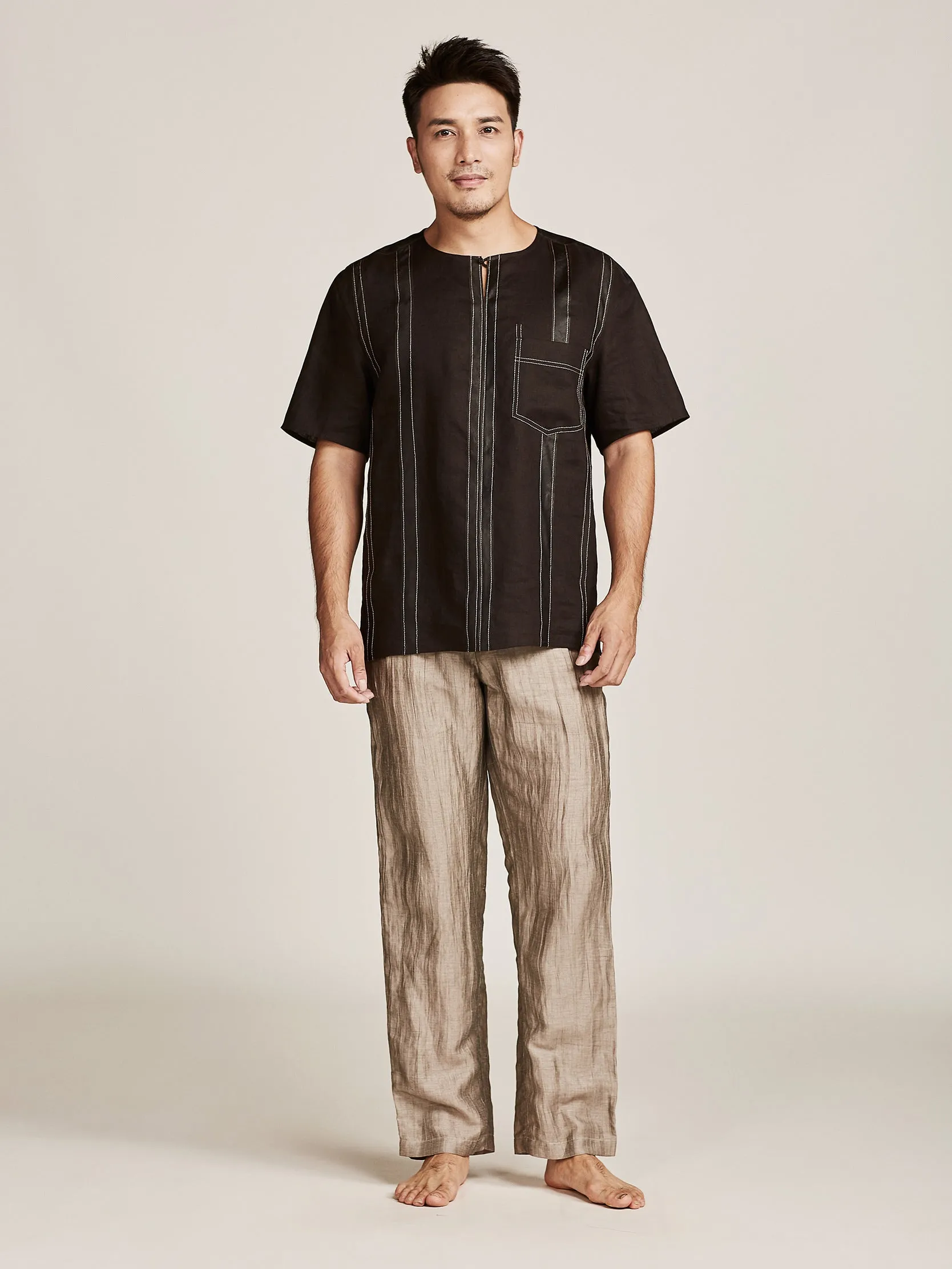 Gambiered Guangdong Silk Short-sleeved Shirt