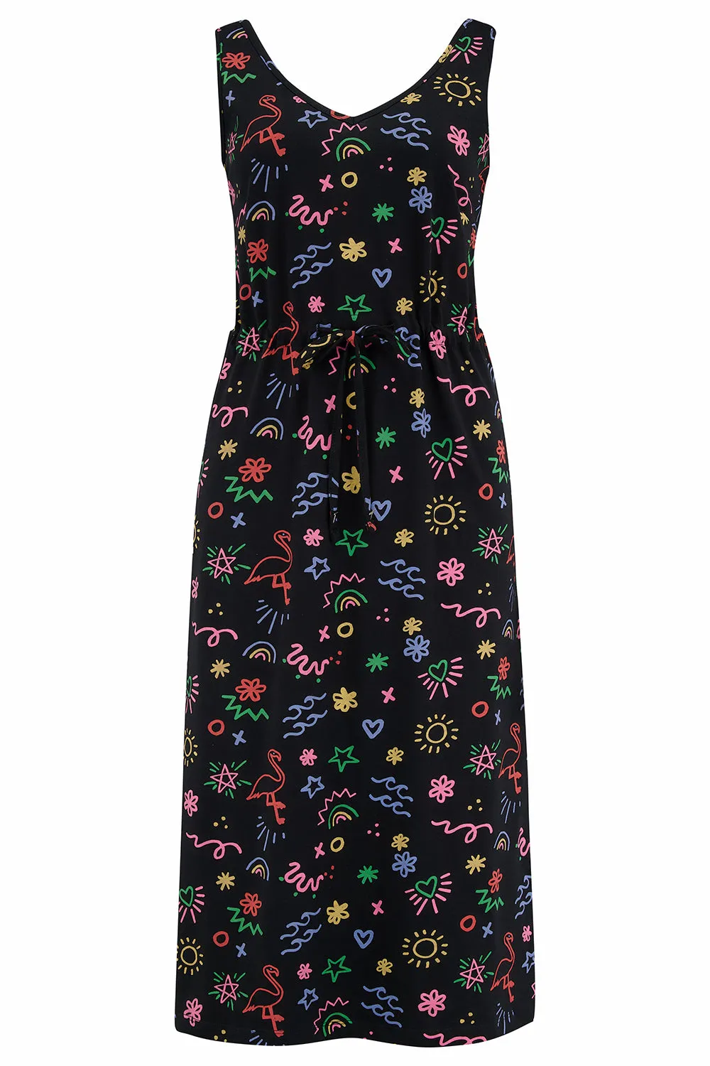 Gilly Jersey Midi Dress - Black, Flamingo Doodle