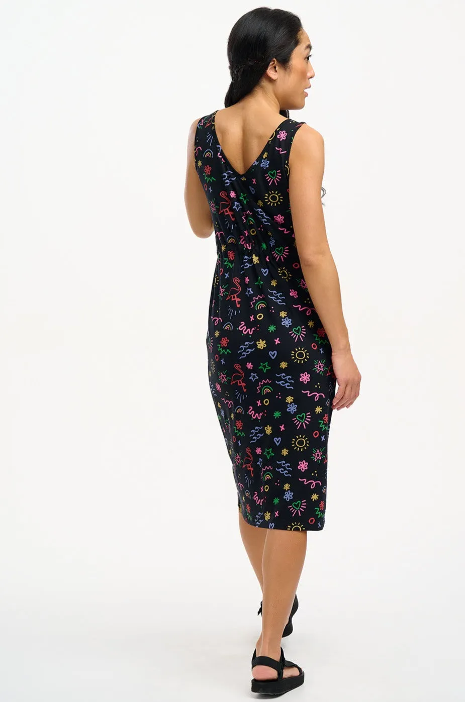 Gilly Jersey Midi Dress - Black, Flamingo Doodle