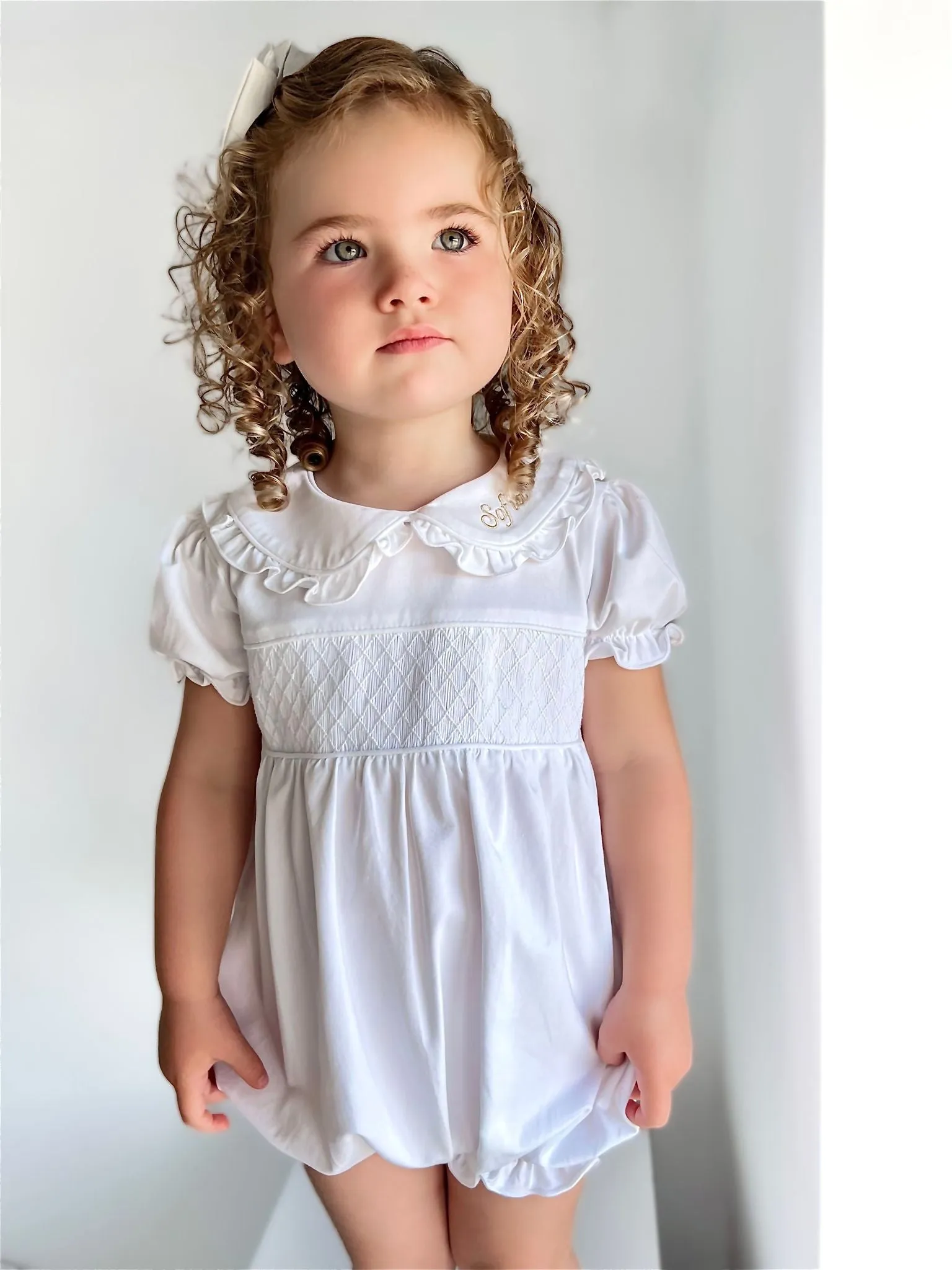 Girls 'Bambi' All White Short Sleeved Smocked Romper - AS WORN BY BAMBI FURY