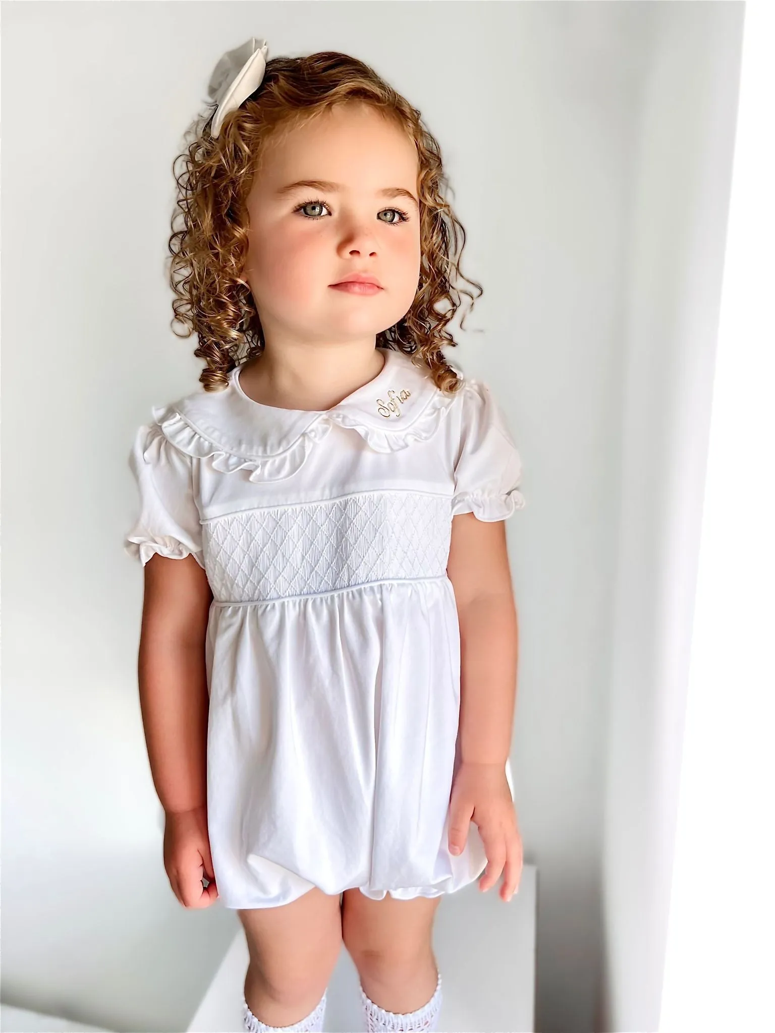 Girls 'Bambi' All White Short Sleeved Smocked Romper - AS WORN BY BAMBI FURY