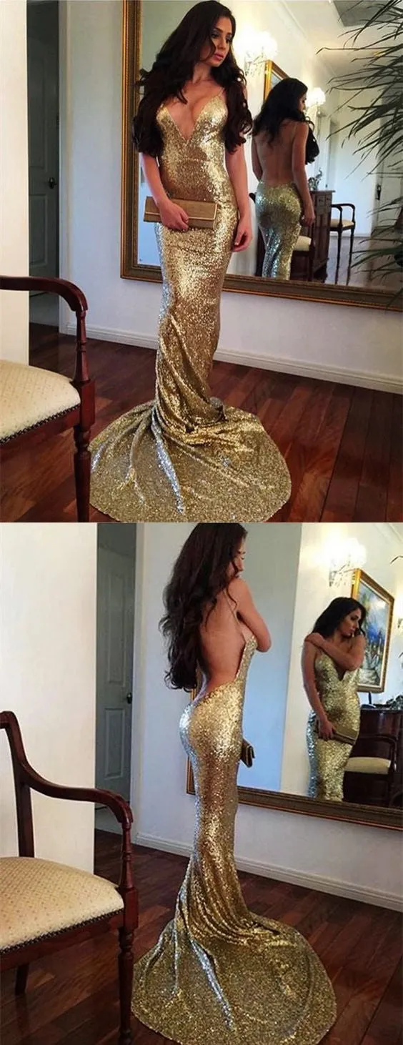 Gold Sequin V Neck Backless Sexy Mermaid Shinning Bridesmaid Prom Dress, WG721