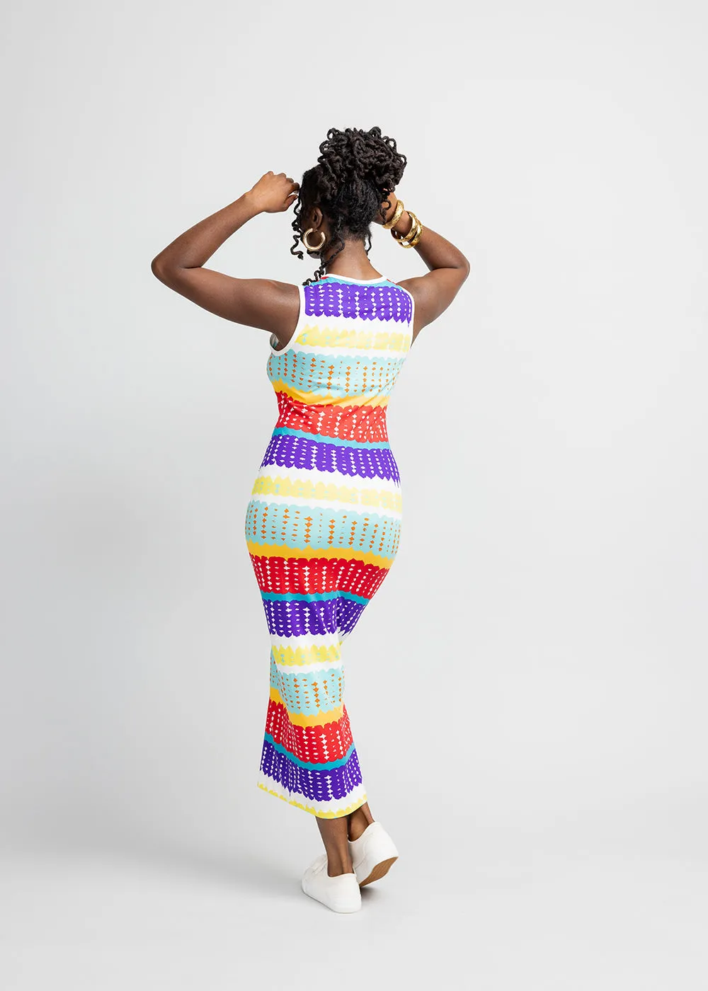 Hadi Women's African Print Jersey Dress (Rainbow Punch Adire)