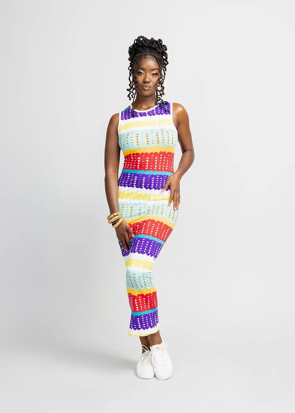 Hadi Women's African Print Jersey Dress (Rainbow Punch Adire)