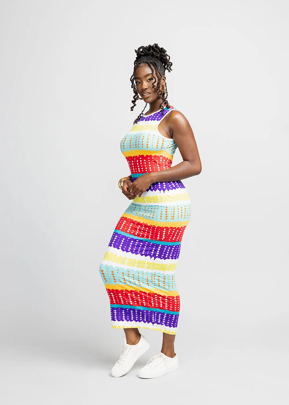 Hadi Women's African Print Jersey Dress (Rainbow Punch Adire)