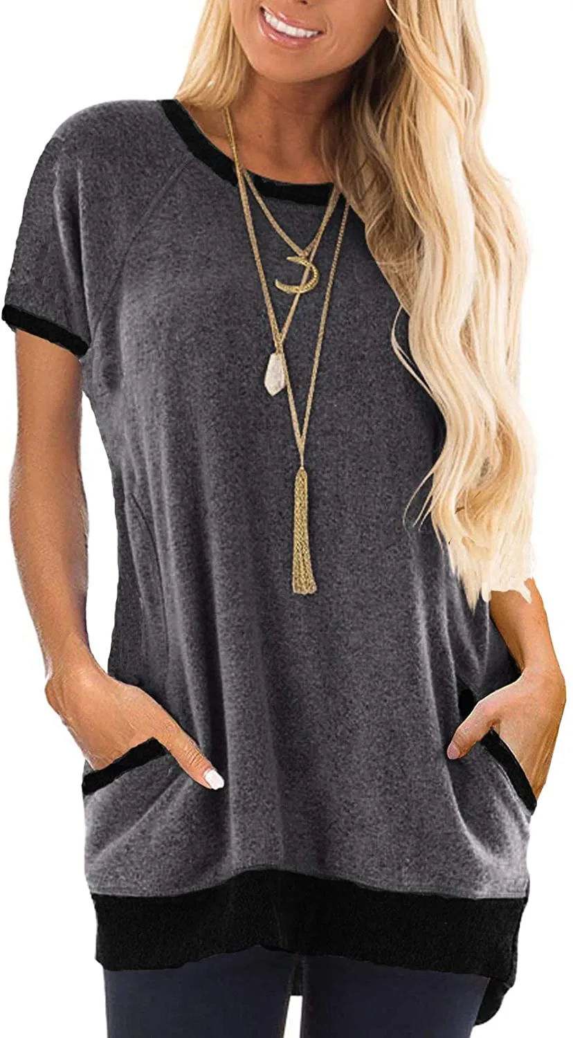 Haute Edition Womens Casual Summer Short Sleeve Pocket Tunic Crewneck Tee T-Shirt With Color Block