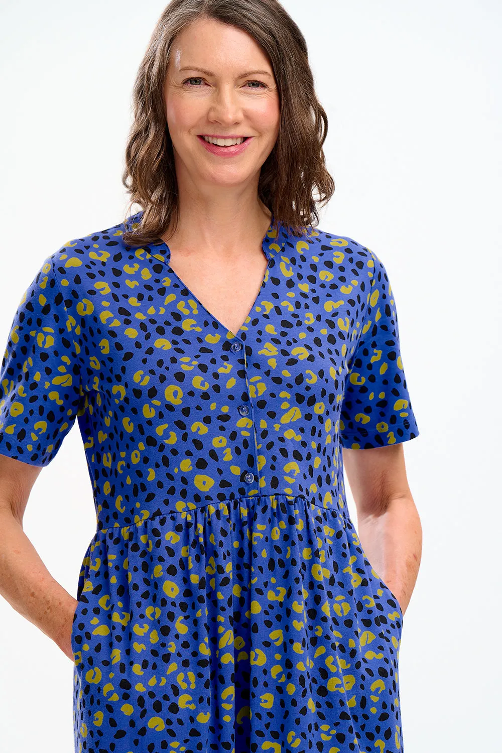 Heather Jersey Midi Smock Dress - Blue, Painted Leopard