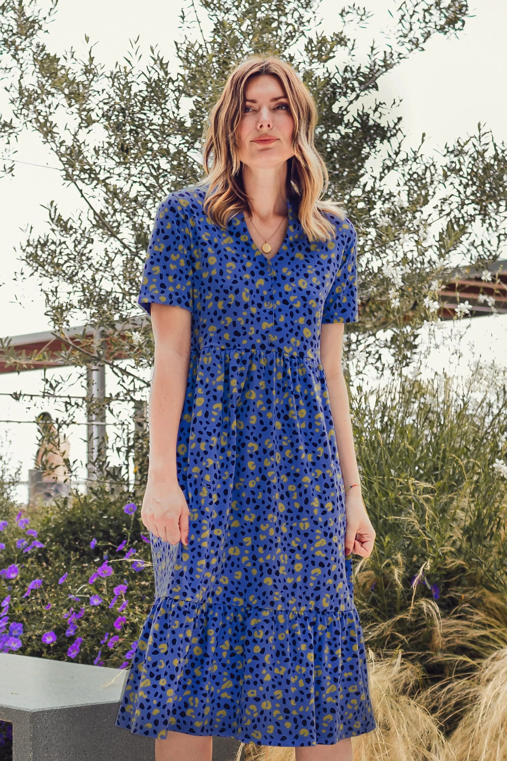 Heather Jersey Midi Smock Dress - Blue, Painted Leopard