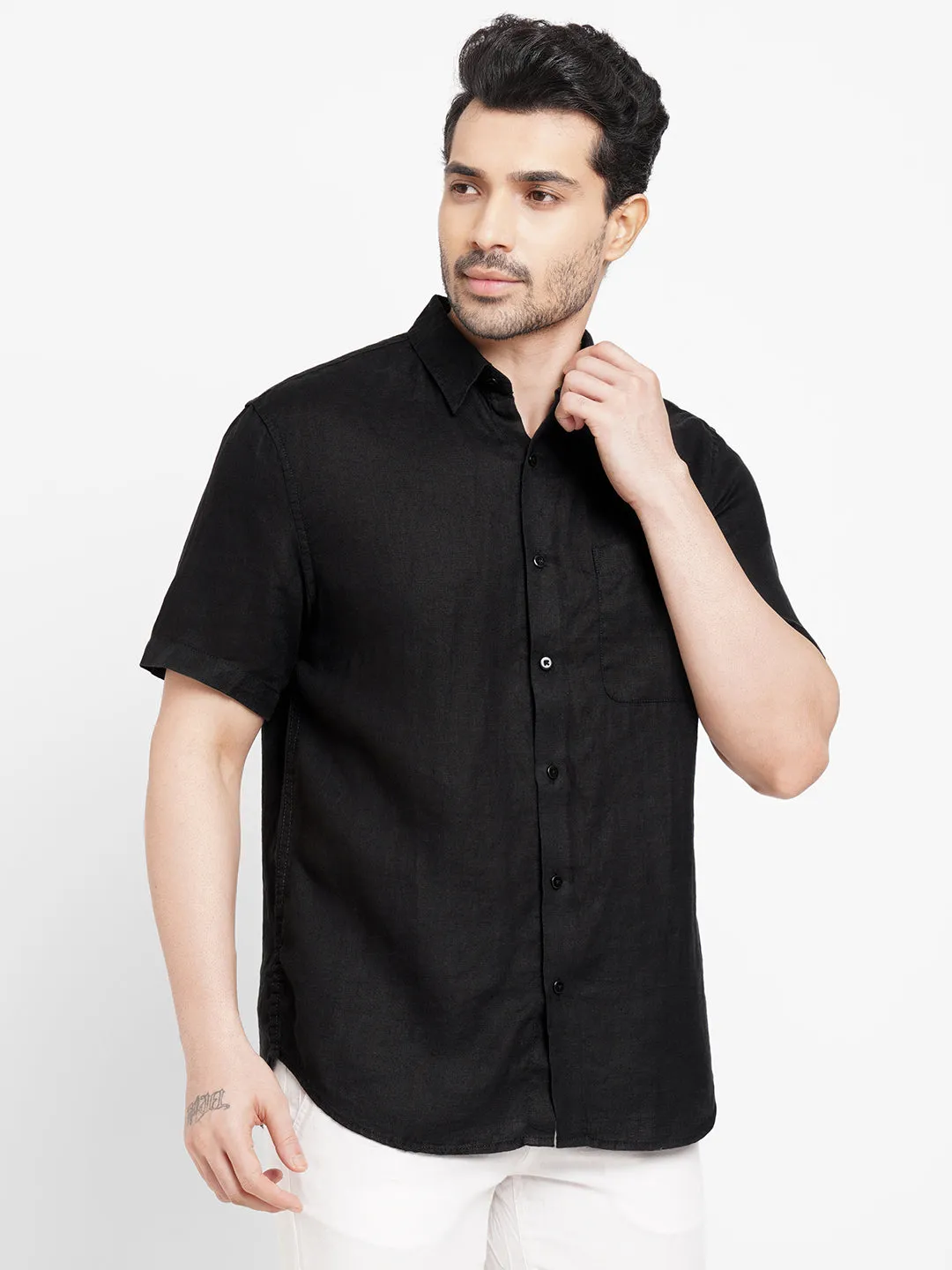 Men's Black 100% Linen Regular Fit Short Sleeved Shirt