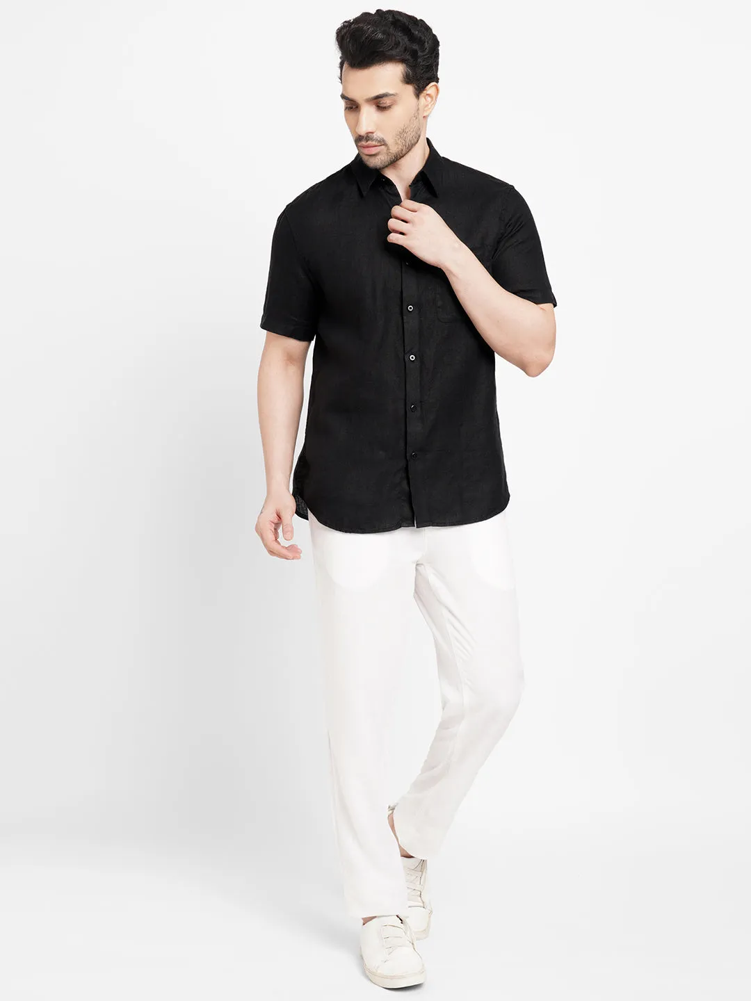 Men's Black 100% Linen Regular Fit Short Sleeved Shirt