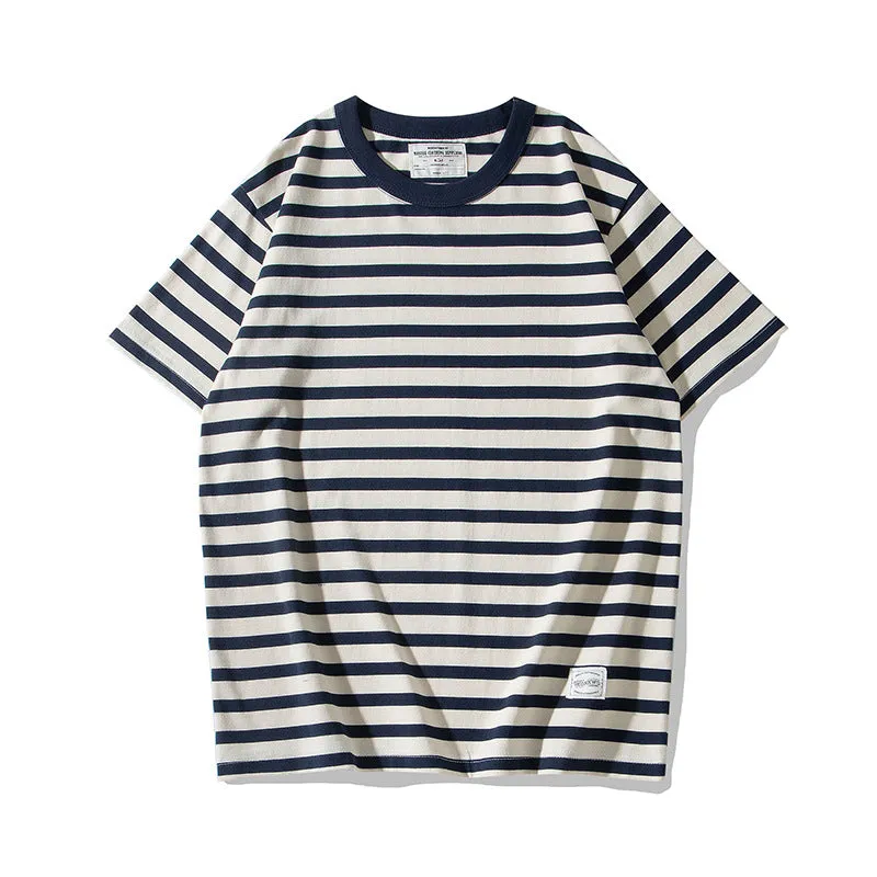 Men's Casual Round Neck Retro Pinstripe Marine Short Sleeve T-Shirt