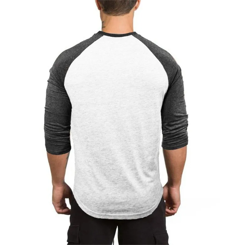 Muscleguys 3/4 Sleeve T-shirt Men Spring Autumn Casual Patchwork T Shirts Male Slim Fit Tops Fitness Raglan Tees Plus Size