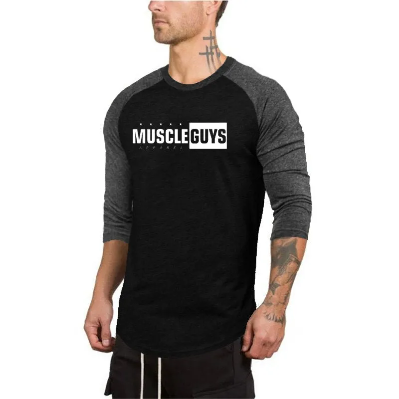 Muscleguys New Spring Autumn T-Shirt Men Fashion Slim Fit Elastic Seven Quarter Sleeve T Shirts Male Cotton Fitness Tops Tee