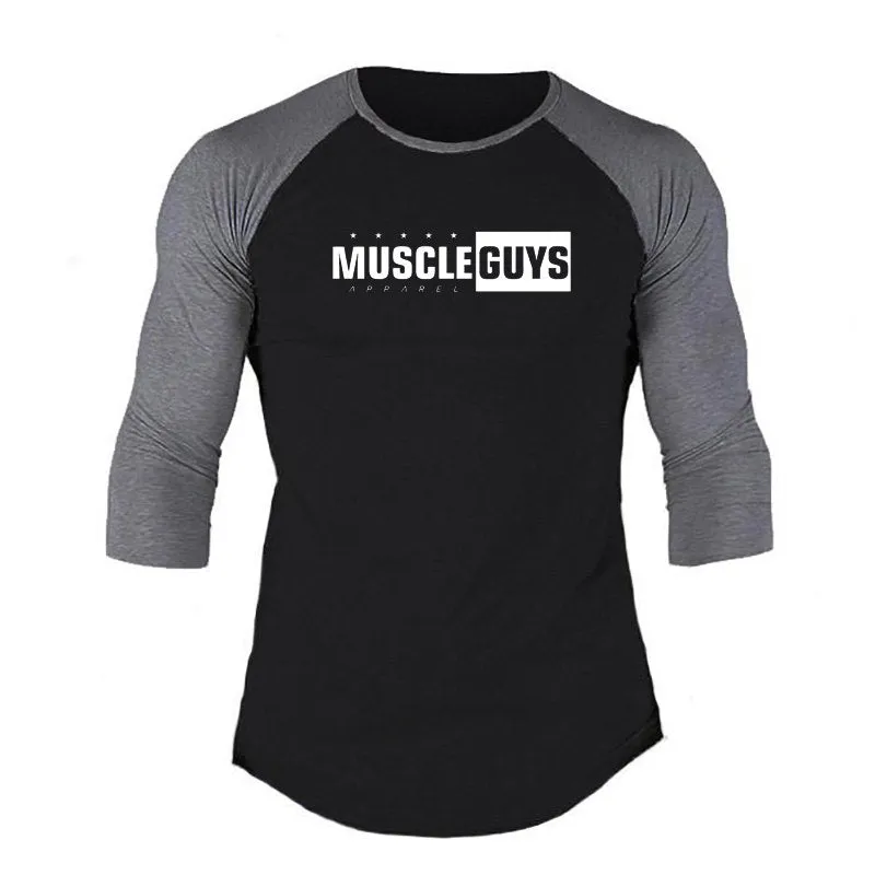 Muscleguys New Spring Autumn T-Shirt Men Fashion Slim Fit Elastic Seven Quarter Sleeve T Shirts Male Cotton Fitness Tops Tee