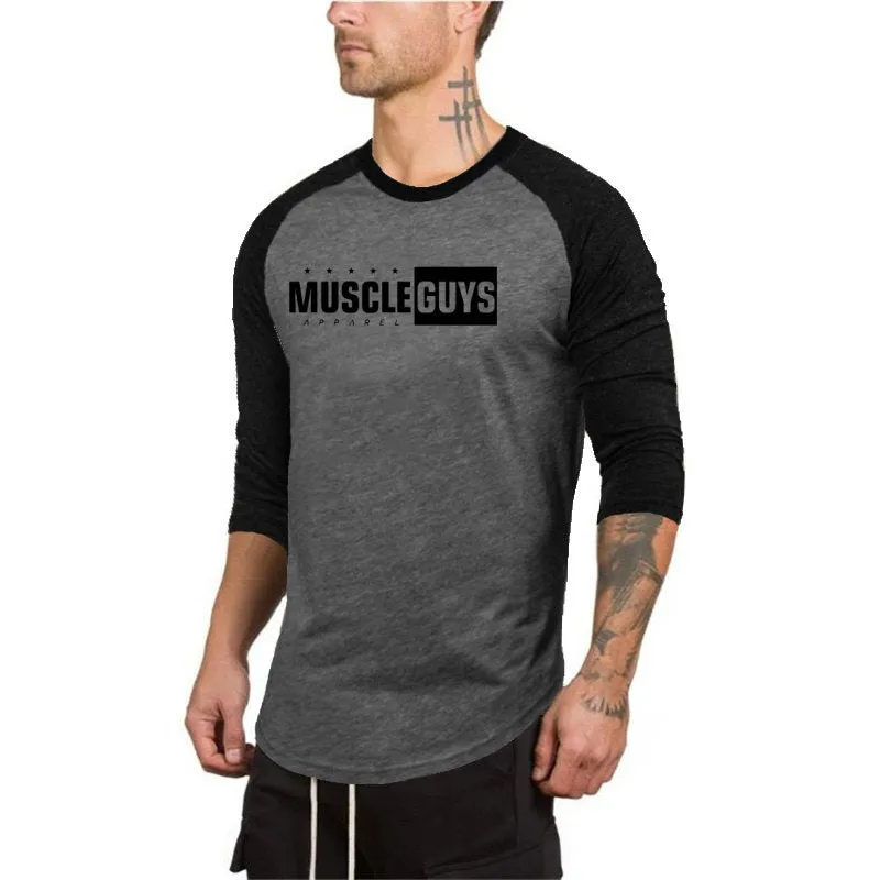 Muscleguys New Spring Autumn T-Shirt Men Fashion Slim Fit Elastic Seven Quarter Sleeve T Shirts Male Cotton Fitness Tops Tee