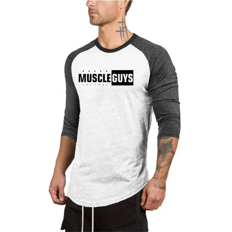 Muscleguys New Spring Autumn T-Shirt Men Fashion Slim Fit Elastic Seven Quarter Sleeve T Shirts Male Cotton Fitness Tops Tee