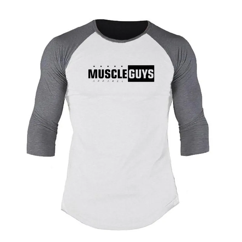 Muscleguys New Spring Autumn T-Shirt Men Fashion Slim Fit Elastic Seven Quarter Sleeve T Shirts Male Cotton Fitness Tops Tee