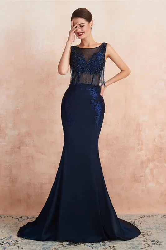 Navy Blue Jewel Sleeveless Mermaid Prom Dress Rhinestone Lace With Tassels