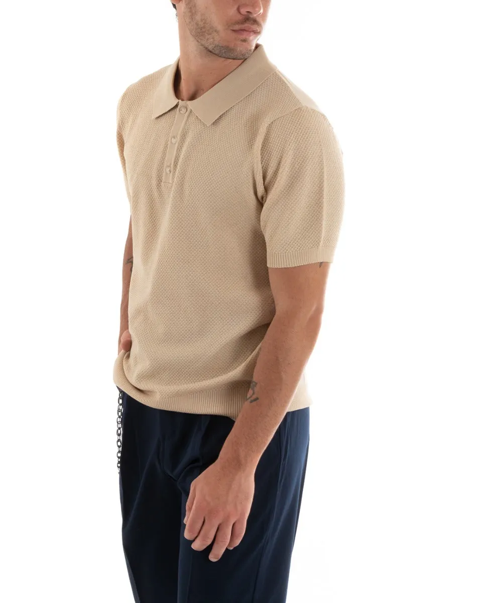 Polo Uomo T-Shirt Manica Corta Tinta Unita Scollo Bottoni Ricamata Casual Beige GIOSAL-TS2967A