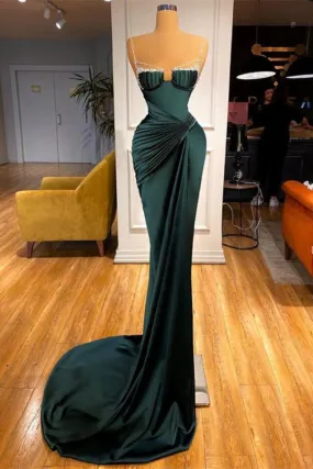 Prom Dress: Dark Green Spaghetti-Straps Mermaid