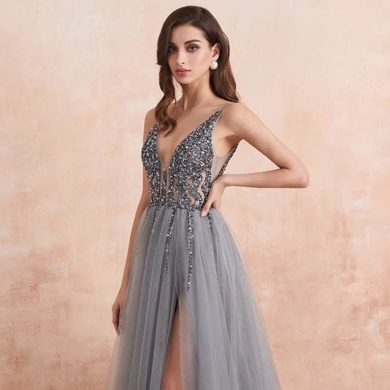 Prom Party Sparkly Tulle Sequins A-Line Evening Dress EV1009