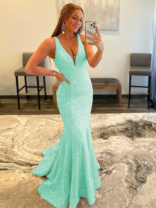 Sheath V-Neck Sleeveless Long Sweep Train Velvet Sequin Prom Dress (AF1011)