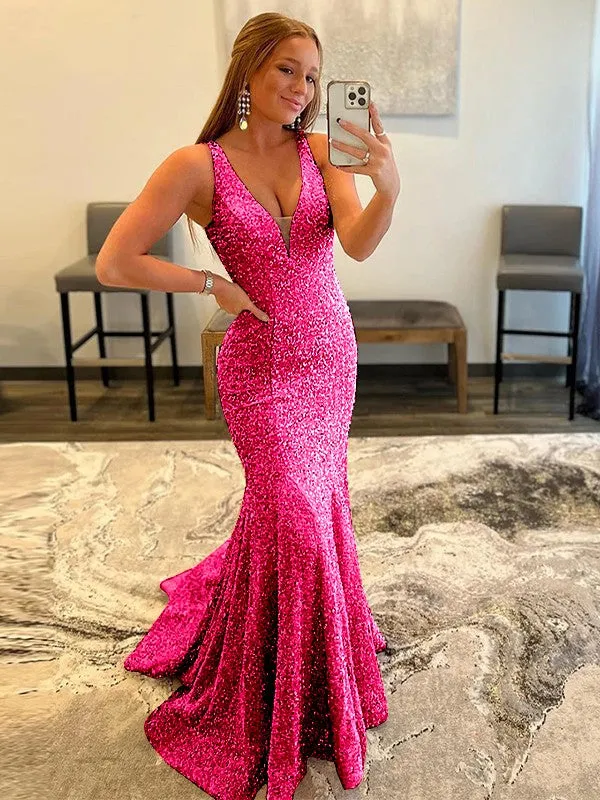 Sheath V-Neck Sleeveless Long Sweep Train Velvet Sequin Prom Dress (AF1011)