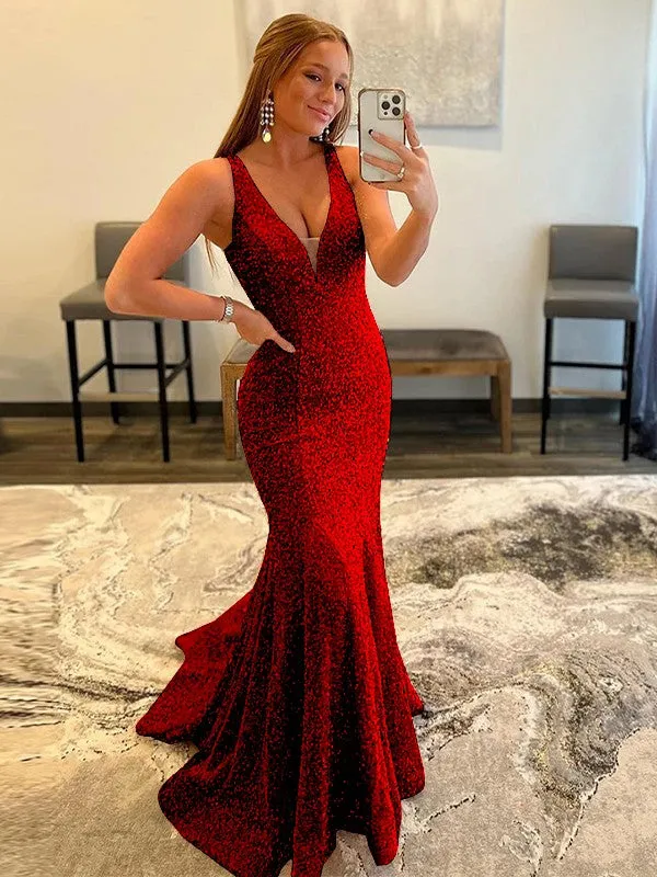 Sheath V-Neck Sleeveless Long Sweep Train Velvet Sequin Prom Dress (AF1011)