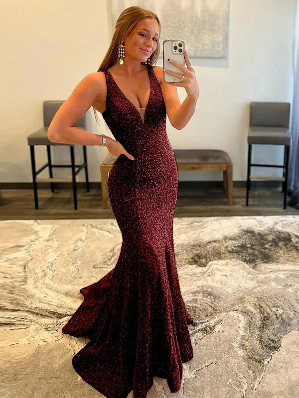 Sheath V-Neck Sleeveless Long Sweep Train Velvet Sequin Prom Dress (AF1011)