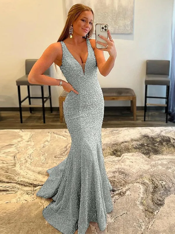 Sheath V-Neck Sleeveless Long Sweep Train Velvet Sequin Prom Dress (AF1011)