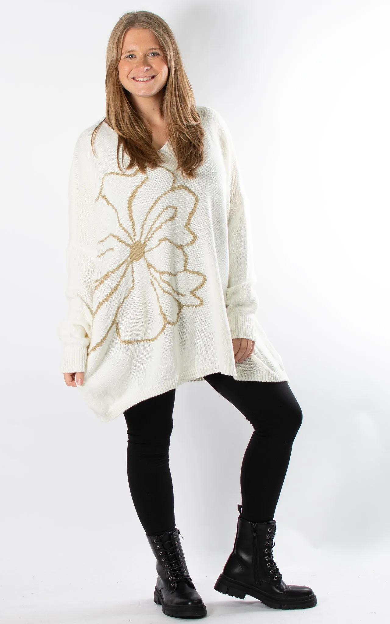 Side Flower Knit Jumper | Winter White