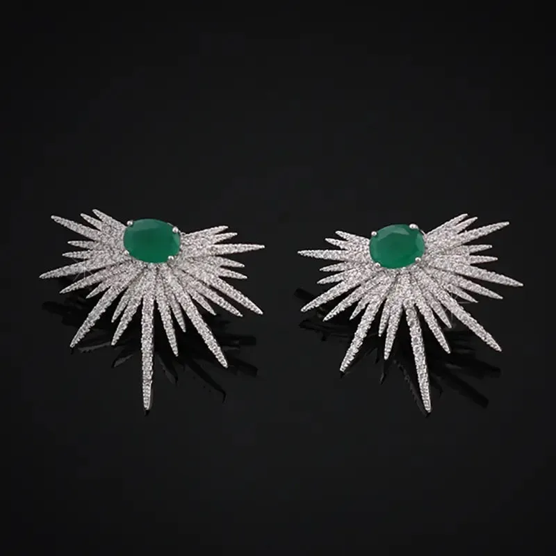 Silver Color Big Plant Luxury Stud Earrings with Bling Zircon Stone for Women Fashion Jewelry Korean Earrings