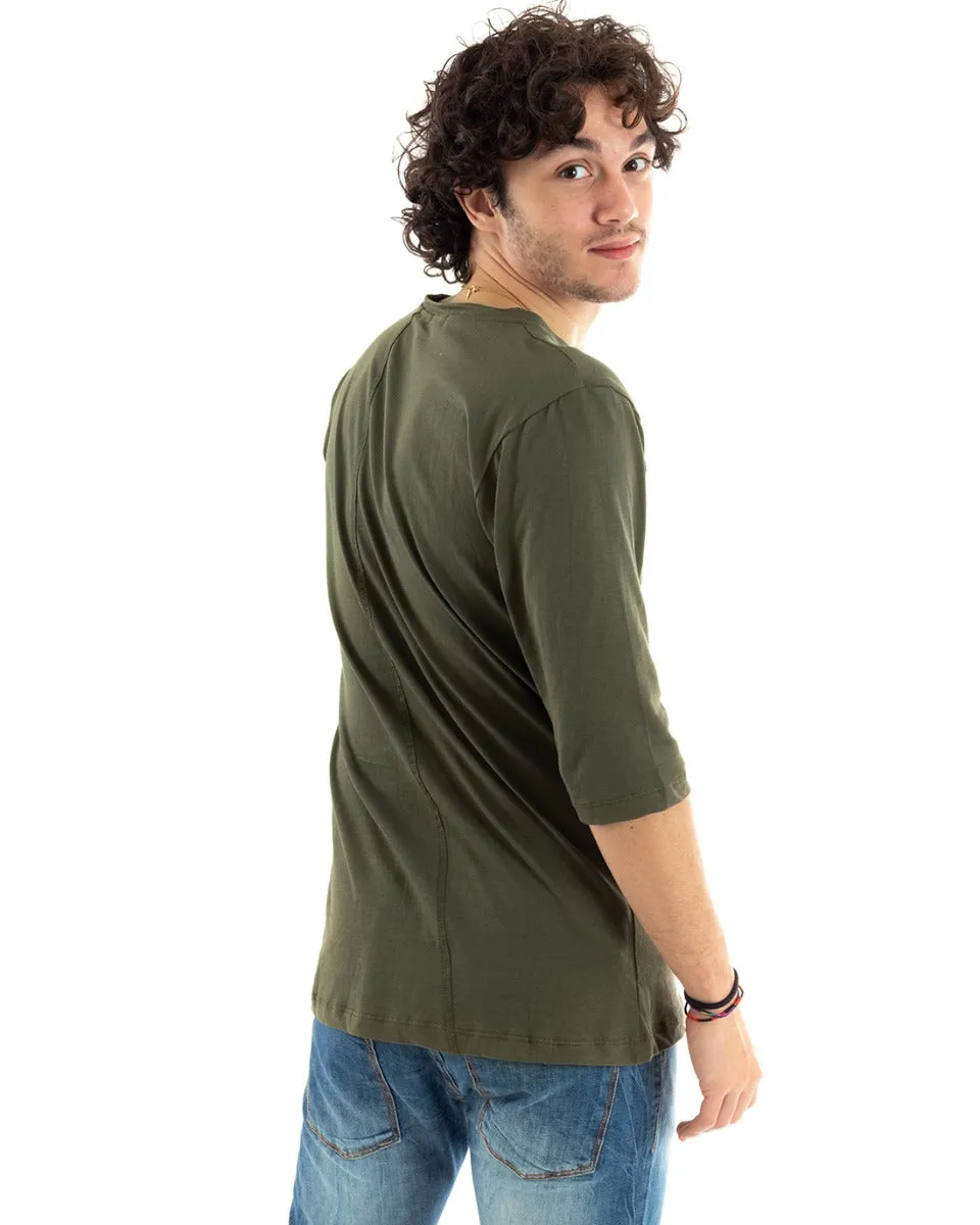 T-Shirt Uomo Girocollo Manica Corta Casual Verde Tinta Unita Scritta GIOSAL-TS2840A