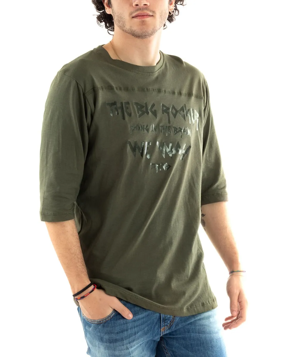 T-Shirt Uomo Girocollo Manica Corta Casual Verde Tinta Unita Scritta GIOSAL-TS2840A