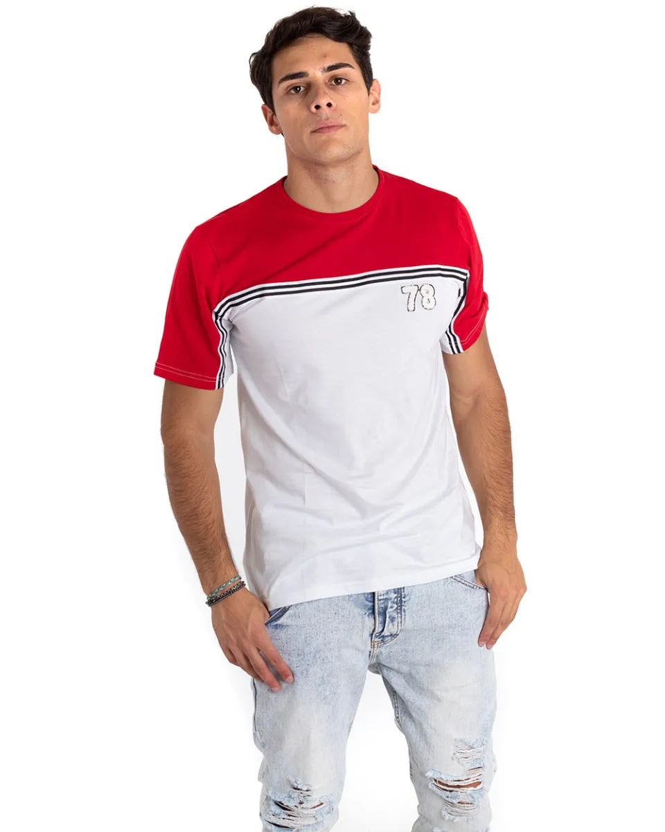 T-Shirt Uomo Girocollo Righe Bicolore Rossa Bianca Stampa Casual GIOSAL TS2656A