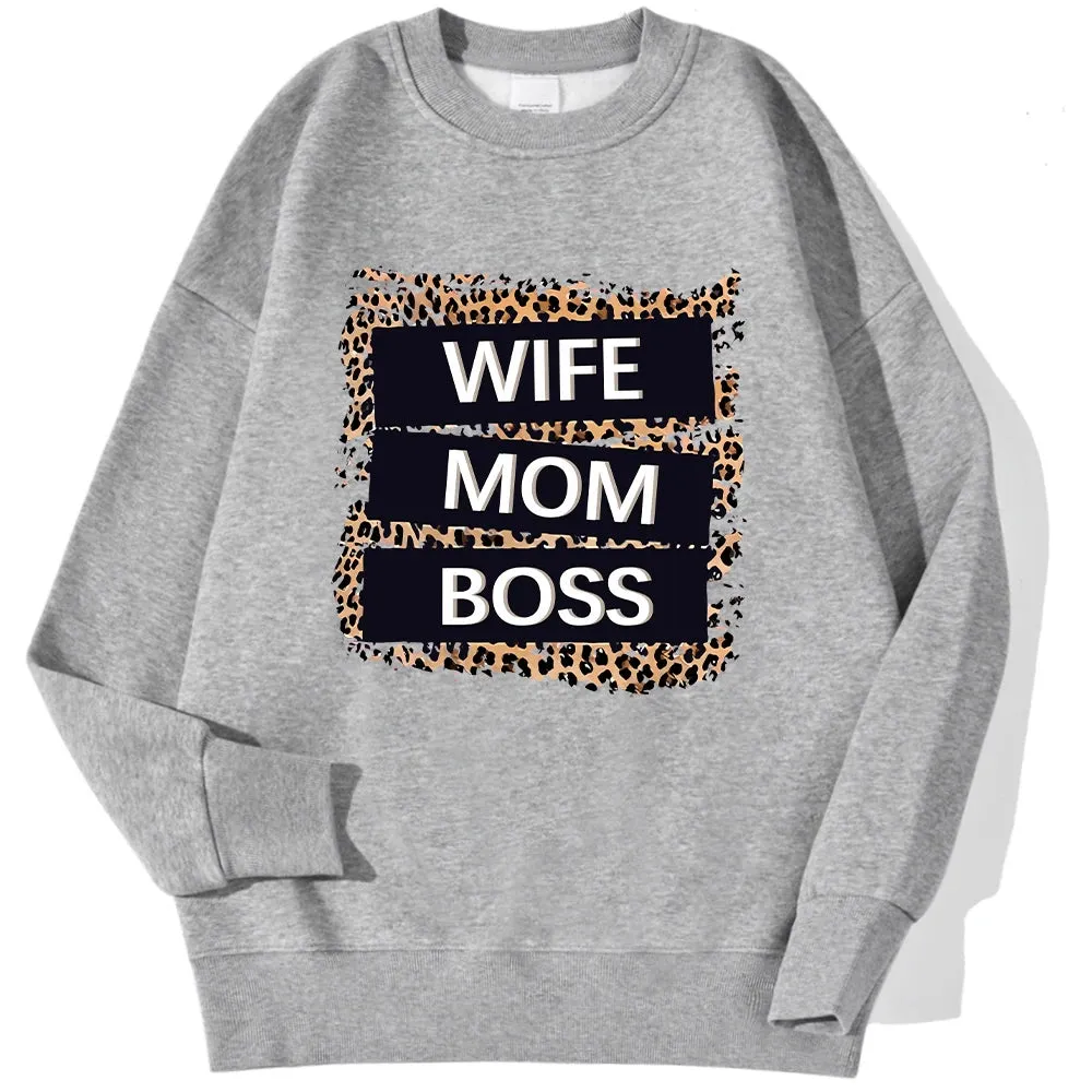 Wife Mom Boss Leopard Print Hoodie: Cozy Crewneck for Autumn & Winter