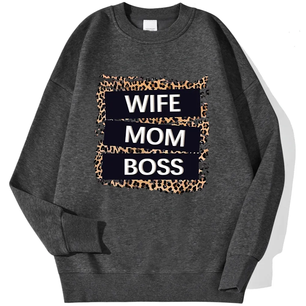 Wife Mom Boss Leopard Print Hoodie: Cozy Crewneck for Autumn & Winter