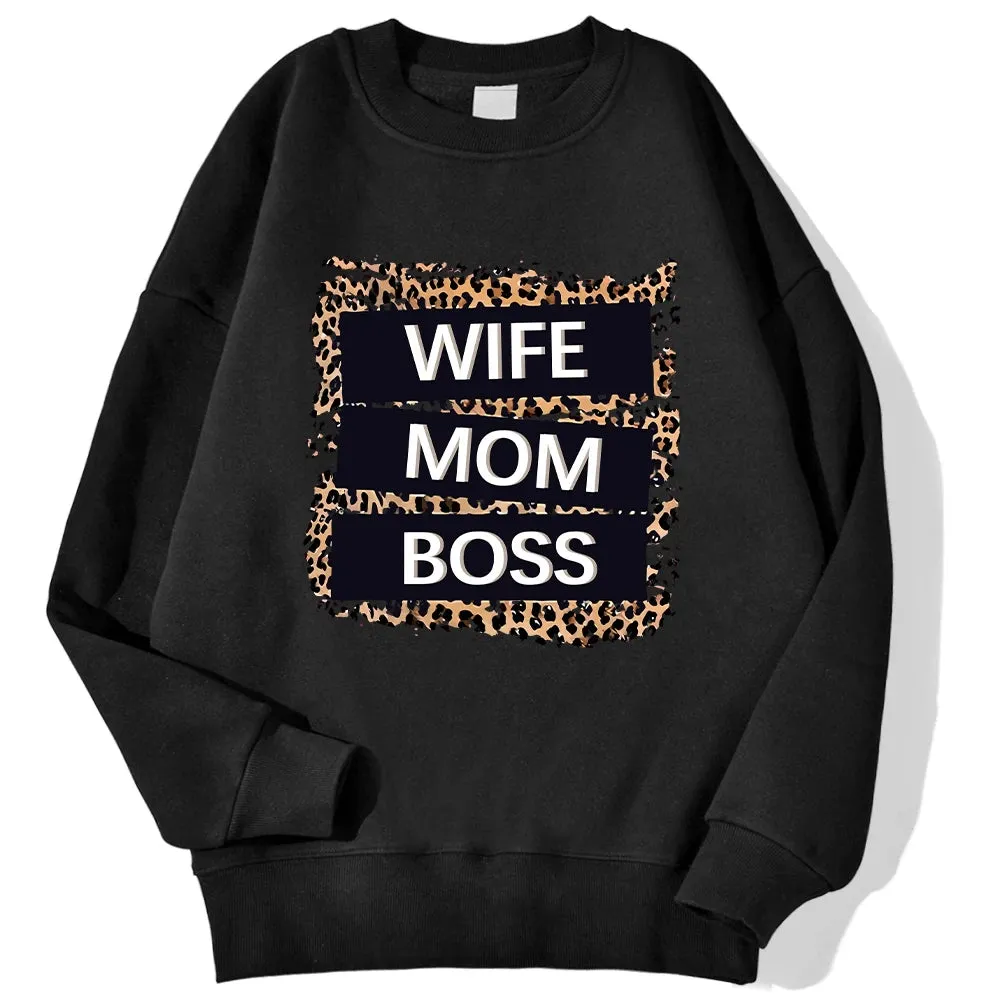 Wife Mom Boss Leopard Print Hoodie: Cozy Crewneck for Autumn & Winter